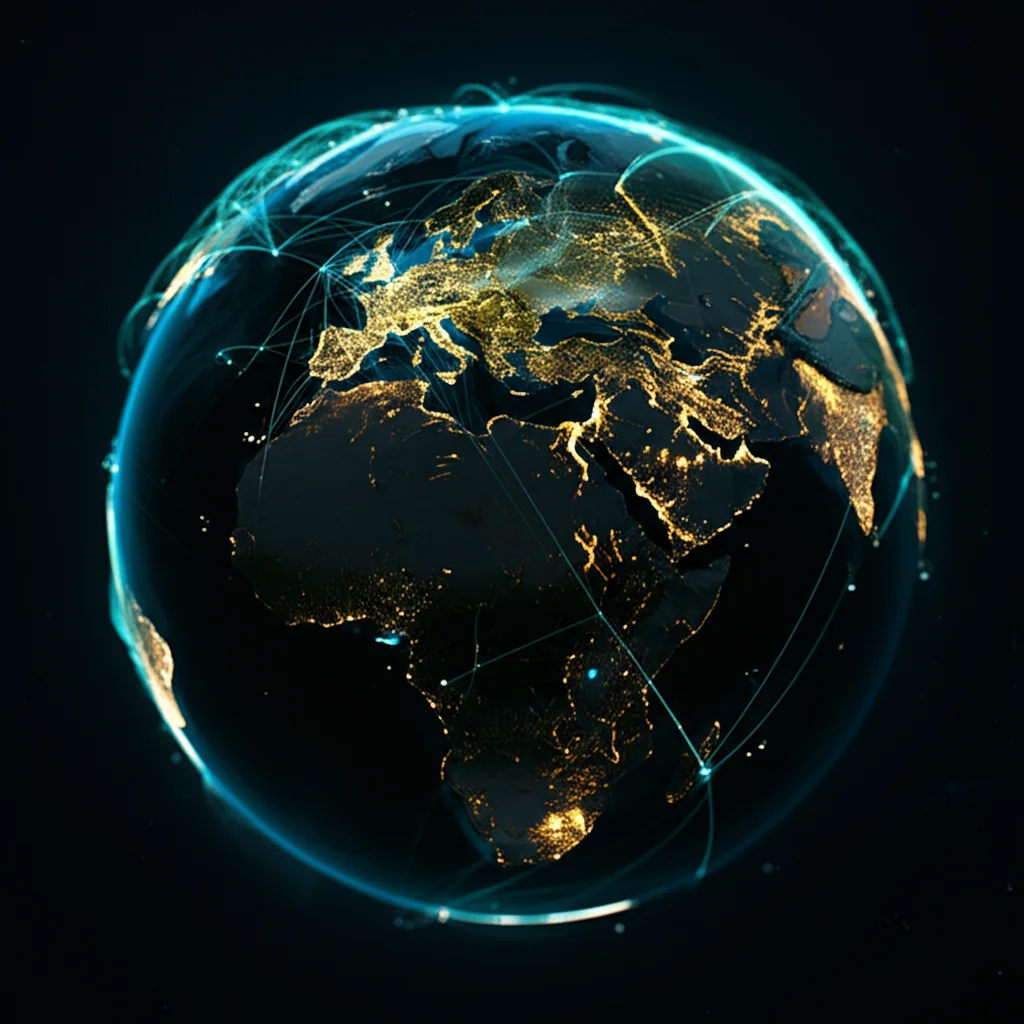 Un globo terrestre digitale stilizzato, avvolto da strati di dati interconnessi che rappresentano variabili umane (città illuminate, reti di trasporto) e ambientali (correnti oceaniche, aree forestali). L'immagine è realizzata con un obiettivo grandangolare da 20mm per una prospettiva ampia e immersiva, con un leggero effetto 'profondità di campo' per mettere a fuoco i dati in primo piano, illuminazione cinematografica per un look moderno e high-tech.