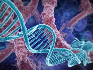 Visualizzazione artistica di un vettore virale adeno-associato (AAV) che rilascia il suo carico genetico terapeutico all'interno di una cellula nervosa (motoneurone), con la doppia elica del DNA in evidenza. Sfondo dettagliato del reticolo endoplasmatico e dei mitocondri. Obiettivo macro da 100mm, alta definizione, illuminazione controllata per evidenziare il processo di trasduzione genica.