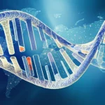 Visualizzazione artistica di una doppia elica di DNA con diverse sezioni evidenziate, simboleggianti le varianti genetiche della malattia di Pompe, su uno sfondo che richiama una mappa globale stilizzata. Illuminazione drammatica, obiettivo macro 90mm, alta definizione, per enfatizzare la complessità genetica e la diffusione mondiale.