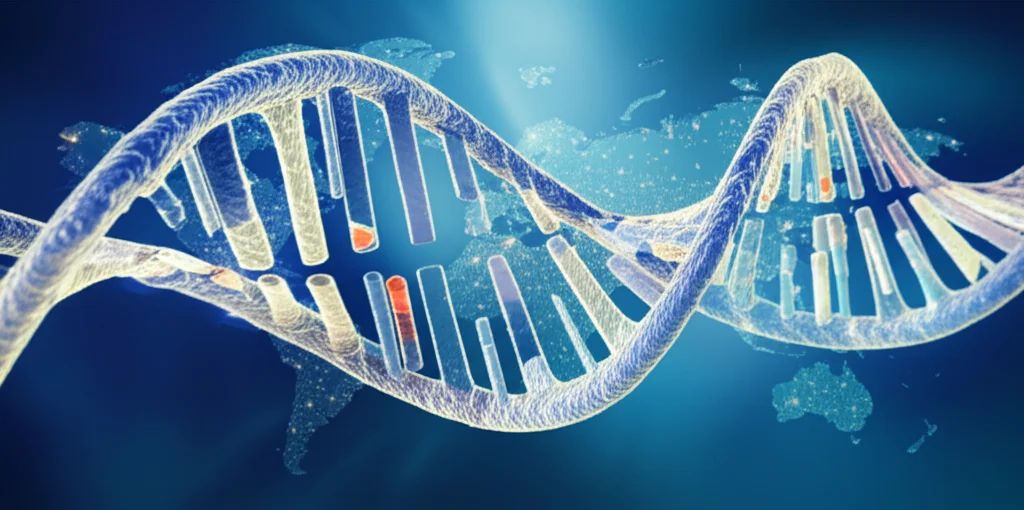 Visualizzazione artistica di una doppia elica di DNA con diverse sezioni evidenziate, simboleggianti le varianti genetiche della malattia di Pompe, su uno sfondo che richiama una mappa globale stilizzata. Illuminazione drammatica, obiettivo macro 90mm, alta definizione, per enfatizzare la complessità genetica e la diffusione mondiale.