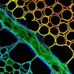 Visualizzazione microscopica fotorealistica e ad alta definizione di una rete complessa di pareti cellulari vegetali illuminate da sonde CarboTag multicolore. Si vedono dettagli fini delle strutture cellulari in fluorescenza brillante su sfondo scuro. Obiettivo macro 100mm, illuminazione controllata, focus preciso sulle interconnessioni cellulari.