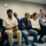 A 35mm portrait of a diverse group of people in a hospital waiting area, some appearing thoughtful or concerned, conveying the human aspect of organ transplantation waitlists, with natural lighting and a soft depth of field.