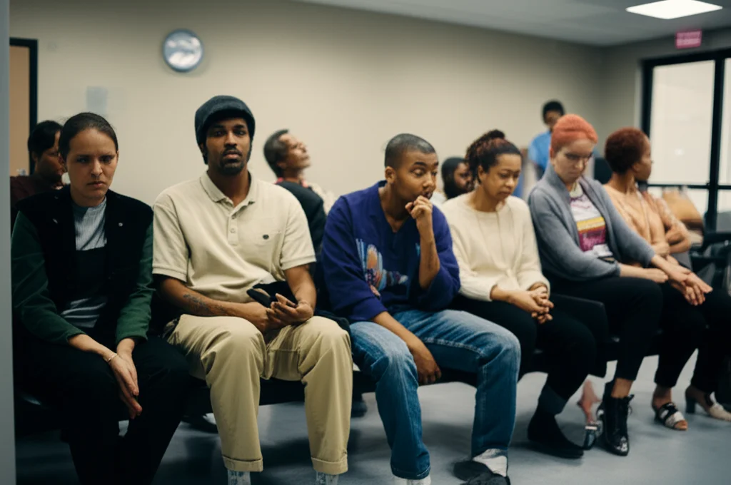 A 35mm portrait of a diverse group of people in a hospital waiting area, some appearing thoughtful or concerned, conveying the human aspect of organ transplantation waitlists, with natural lighting and a soft depth of field.