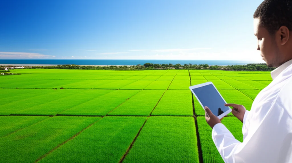 Angolo ampio paesaggistico, 10 mm, focus acuto, raffigurante una vibrante zona agroecologica costiera in Guyana, con lussureggianti risaie verdi che si estendono verso l'oceano sotto un cielo blu chiaro. In primo piano, uno scienziato utilizza un tablet, simboleggia l'integrazione della tecnologia e del monitoraggio ambientale. L'immagine dovrebbe trasmettere un senso di innovazione e speranza per l'agricoltura sostenibile.