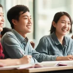 Fotografia di ritratto, un gruppo di studenti universitari cinesi che partecipano con entusiasmo a una lezione di lingua inglese, sorridono e interagiscono tra loro e con l'insegnante in un'aula moderna e luminosa. Obiettivo da 35mm, colori caldi e accoglienti, profondità di campo che sfoca leggermente lo sfondo per enfatizzare gli studenti.