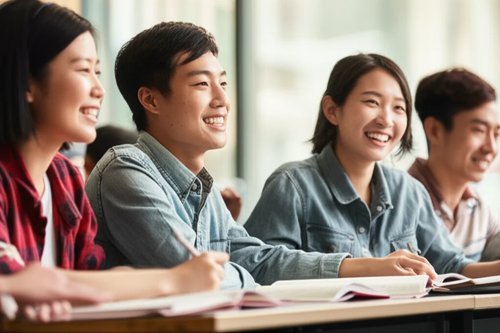 Fotografia di ritratto, un gruppo di studenti universitari cinesi che partecipano con entusiasmo a una lezione di lingua inglese, sorridono e interagiscono tra loro e con l'insegnante in un'aula moderna e luminosa. Obiettivo da 35mm, colori caldi e accoglienti, profondità di campo che sfoca leggermente lo sfondo per enfatizzare gli studenti.