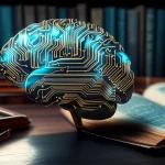 Immagine concettuale fotorealistica di un cervello umano stilizzato fatto di circuiti luminosi blu e oro sovrapposto a libri accademici aperti su una scrivania universitaria antica, luce drammatica laterale che crea forti contrasti, obiettivo prime 50mm, effetto duotone blu e oro, profondità di campo ridotta per sfocare lo sfondo.