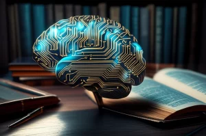Immagine concettuale fotorealistica di un cervello umano stilizzato fatto di circuiti luminosi blu e oro sovrapposto a libri accademici aperti su una scrivania universitaria antica, luce drammatica laterale che crea forti contrasti, obiettivo prime 50mm, effetto duotone blu e oro, profondità di campo ridotta per sfocare lo sfondo.
