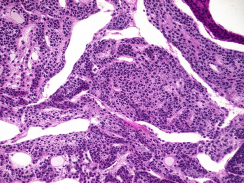 Immagine fotorealistica al microscopio di un carcinoma renale oncocitico a basso grado FH-deficiente, che mostra cellule tumorali con abbondante citoplasma eosinofilo denso e aspetto a vetro smerigliato, organizzate in nidi compatti. Obiettivo macro 90mm, alta definizione, illuminazione da laboratorio controllata per evidenziare i dettagli citologici.