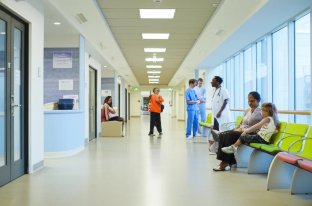 Immagine fotorealistica di un corridoio luminoso e accogliente di un pronto soccorso pediatrico moderno. Si intravedono figure sfocate di personale medico e una famiglia in attesa. Obiettivo grandangolare 24mm, luce naturale, atmosfera di speranza e cura.