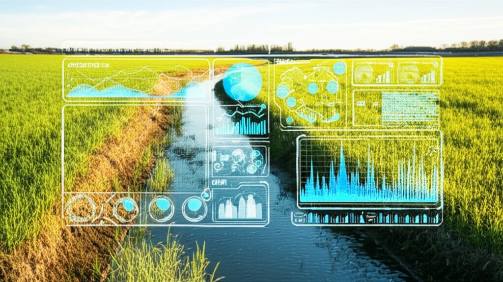 Immagine fotorealistica di un corso d'acqua cristallino che serpeggia attraverso un campo agricolo rigoglioso, con un'interfaccia utente digitale futuristica sovrapposta che mostra grafici e analisi sulla qualità dell'acqua. Obiettivo 35mm, profondità di campo, luce dorata del tardo pomeriggio.