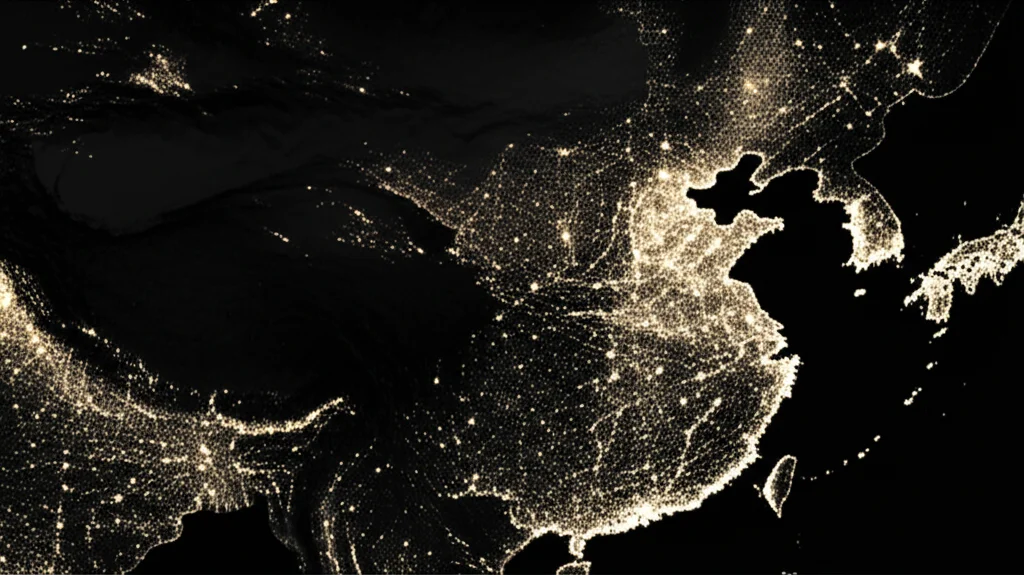 Immagine satellitare della provincia dello Shanxi, Cina, con aree illuminate che indicano alta densità di emissioni di monossido di carbonio, contrastanti con aree più scure. Obiettivo grandangolare 10mm, lunga esposizione per enfatizzare le luci delle città e delle industrie, alta definizione.