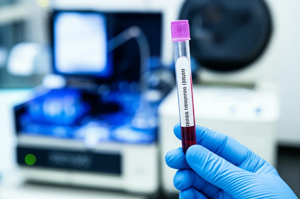 Primo piano di una mano guantata da laboratorio che tiene una provetta di sangue (plasma separato visibile) davanti a un macchinario di analisi high-tech sfocato (sequenziatore NGS), luce da laboratorio brillante ma focalizzata sulla provetta, lente macro 80mm, alta risoluzione, concetto di biopsia liquida e diagnosi precoce del cancro al seno.