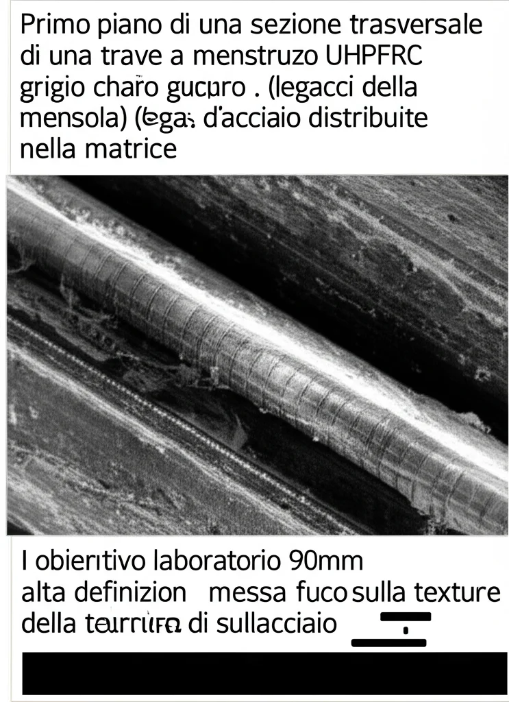 Primo piano di una sezione trasversale di una trave a mensola in calcestruzzo UHPFRC grigio chiaro, mostrando le barre di armatura interne (legacci della mensola) e le fibre d'acciaio distribuite nella matrice. Illuminazione da laboratorio controllata, obiettivo macro 90mm, alta definizione, messa a fuoco precisa sulla texture del calcestruzzo e sull'acciaio.