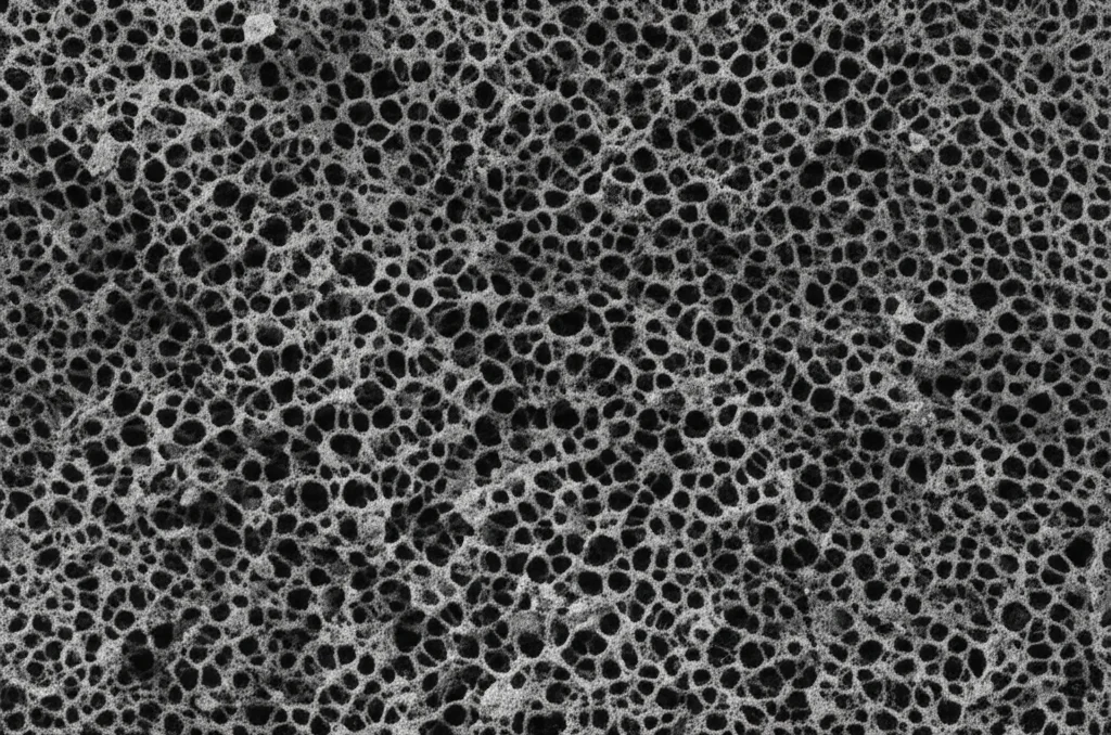 Primo piano macro di biochar arricchito con nanoparticelle di ferro zerovalente, ottenuto da paglia di grano, con un focus sulla sua struttura porosa e sulle particelle metalliche, 60-105mm Macro lens, high detail, precise focusing, controlled lighting.