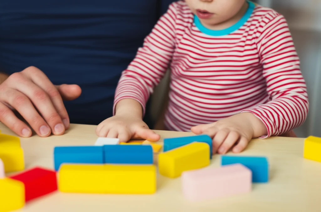 Un bambino piccolo e un adulto che interagiscono con blocchi colorati su un tavolo, simboleggiando l'apprendimento precoce e l'impegno genitoriale. Fotografia still life, obiettivo macro da 60mm, alta definizione, illuminazione controllata per evidenziare le texture.