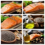 Un collage di alimenti ricchi di acidi grassi polinsaturi come salmone grigliato, noci, semi di chia e olio di semi di lino, disposti artisticamente su un tavolo di legno rustico. Macro lens, 60mm, high detail, precise focusing, controlled lighting.