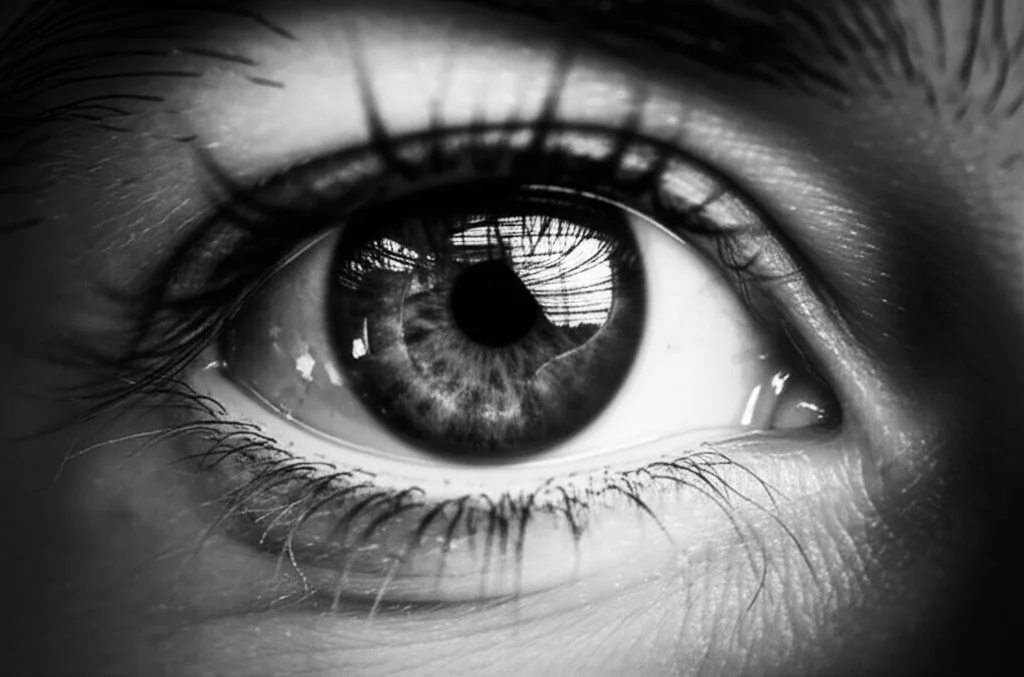 Un primo piano drammatico di un occhio umano con un riflesso di un ambiente di lavoro industriale, come una fabbrica o un cantiere. L'immagine è un ritratto, scattata con un obiettivo da 35mm, utilizzando la tecnica del film noir con forti contrasti e ombre per sottolineare il rischio, con una profondità di campo che mantiene l'occhio a fuoco e lo sfondo leggermente sfocato.