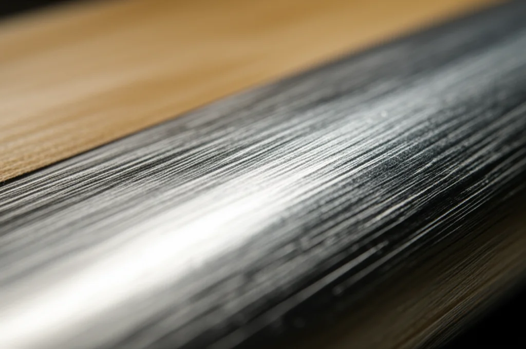 Un primo piano macro di un laminato ibrido alluminio-legno, 100mm Macro lens, illuminazione da studio controllata, che mostra la texture del legno di betulla e la lucentezza dell'alluminio, con una leggera curvatura che suggerisce flessibilità e resistenza, per strutture leggere sostenibili.