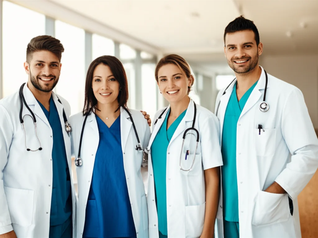 Un team di medici e infermieri francesi in una moderna struttura di cure primarie, sorridenti e collaborativi, che simboleggiano l'integrazione della prevenzione. Fotografia di ritratto, obiettivo da 35mm, profondità di campo, luce naturale e calda.