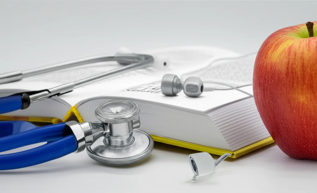 Un'immagine concettuale che mostra onde sonore stilizzate emanate da un paio di cuffie appoggiate su un libro aperto intitolato 'La Tua Salute', con uno stetoscopio e una mela rossa accanto, simboleggiando salute e conoscenza. Macro lens, 100mm, High detail, precise focusing, controlled lighting, sfondo pulito e minimalista.