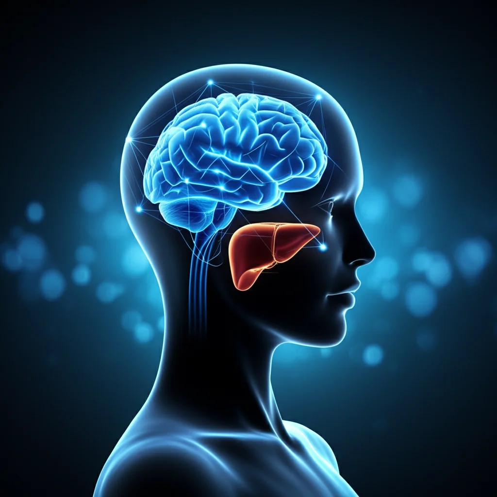 Un'immagine concettuale che mostra una silhouette di una testa umana con un cervello visibile e un fegato stilizzato interconnessi da linee luminose, a simboleggiare l'asse fegato-cervello. Sfondo neutro con un leggero effetto bokeh. Obiettivo prime 50mm, illuminazione da studio per un look pulito e moderno, alta definizione.
