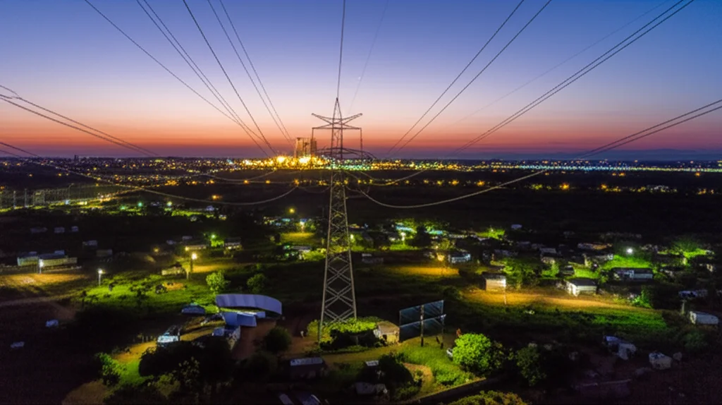 Veduta aerea di un paesaggio energetico eterogeneo in Mozambico al tramonto, che mostra una centrale a gas illuminata in lontananza, linee elettriche che attraversano il territorio e piccole comunità rurali con alcune luci sparse da sistemi solari off-grid. Obiettivo grandangolare 10mm, lunga esposizione per catturare le luci e il cielo, forte contrasto tra sviluppo industriale e aree rurali.