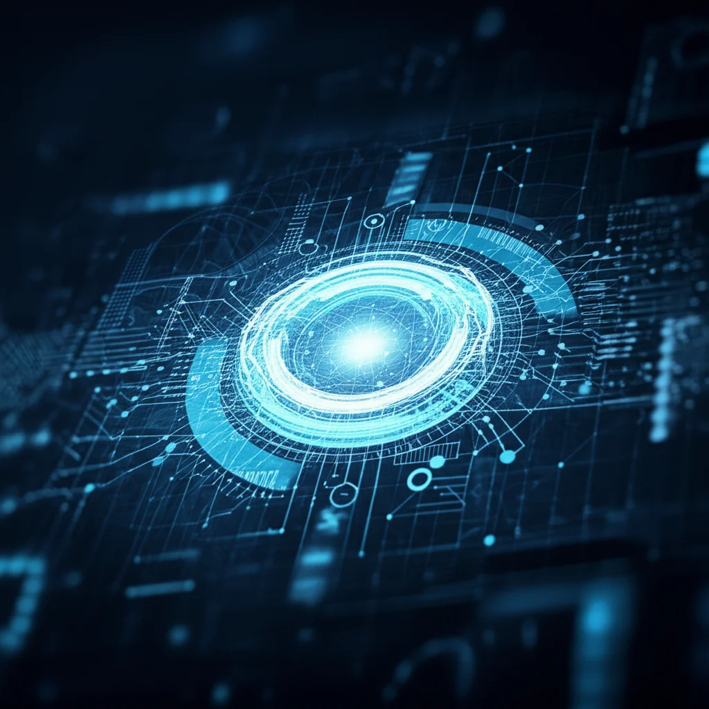 Visualizzazione artistica di un ingranaggio digitale luminoso (la 'Schema Forge') che trasforma fogli di calcolo (input) in grafi di conoscenza interconnessi (output), simboleggiando l'automazione e l'interoperabilità dei dati sanitari. Prime lens, 35mm, duotone blu e argento, profondità di campo.