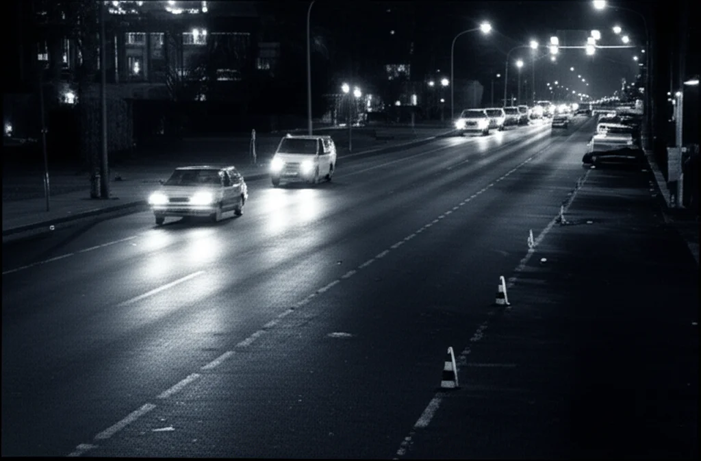 Fotografia ultra-realistica di un'intersezione stradale complessa di notte, illuminata da lampioni e fari di automobili. Diversi veicoli, alcuni parzialmente occlusi, e piccoli oggetti come coni stradali sono visibili. Obiettivo prime 35mm, effetto film noir con duotone blu e grigio scuro, profondità di campo accentuata per mettere a fuoco sia gli oggetti vicini che quelli distanti, catturando l'essenza del rilevamento di oggetti in condizioni difficili.