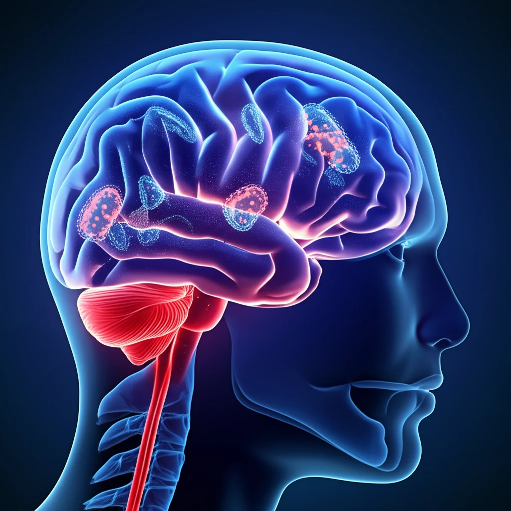 Immagine concettuale fotorealistica di un cervello con neuroni infiammati e batteri Staphylococcus aureus che fluttuano intorno, a rappresentare la coesistenza di meningite batterica e sindrome di Guillain-Barré. Illuminazione drammatica, stile cinematografico, obiettivo prime 35mm, profondità di campo per mettere a fuoco sia i neuroni che i batteri, palette di colori blu e rosso duotone per evidenziare l'infiammazione e l'infezione.