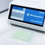 Immagine fotorealistica di un moderno test HPV ScreenFire Zebra BioDome, mostrando la piastra a 96 pozzetti con il gel protettivo traslucido visibile in alcuni pozzetti, accanto a una macchina qPCR compatta come l'Atila iAMP-PS96. Illuminazione da laboratorio pulita e controllata, focus preciso sulla tecnologia del test, obiettivo macro 85mm, alta definizione dei dettagli.