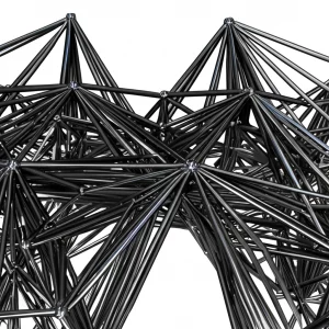 Immagine fotorealistica grandangolare di una complessa struttura reticolare 3D metallica in fase di deformazione plastica sotto carico, con messa a fuoco nitida e dettagli visibili sulle connessioni delle aste. Scattata con obiettivo 15mm per una prospettiva ampia, lunga esposizione per enfatizzare la forma statica ma sotto stress.