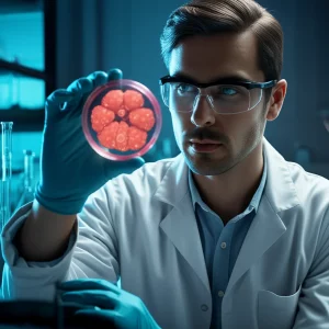 Immagine fotorealistica, scattata con obiettivo prime da 35mm e profondità di campo ridotta, che mostra uno scienziato o una scienziata mentre osserva con attenzione una piastra di Petri contenente organoidi cerebrali luminosi. La scena è ambientata in un laboratorio high-tech, scarsamente illuminato, creando un'atmosfera di scoperta scientifica.