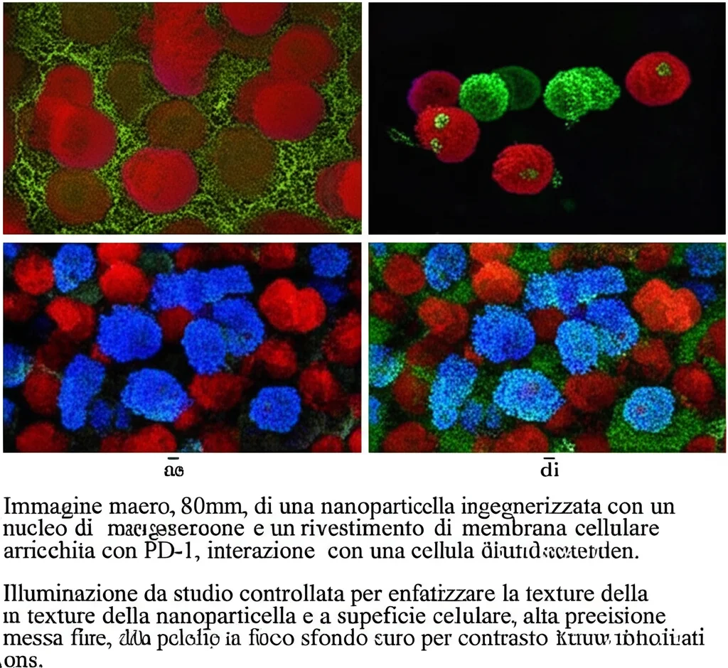 Immagine macro, 80mm, di una nanoparticella ingegnerizzata con un nucleo di manganese e un rivestimento di membrana cellulare arricchita con PD-1, in interazione con una cellula di melanoma. Illuminazione da studio controllata per enfatizzare la texture della nanoparticella e la superficie cellulare, alta precisione di messa a fuoco, sfondo scuro per contrasto.