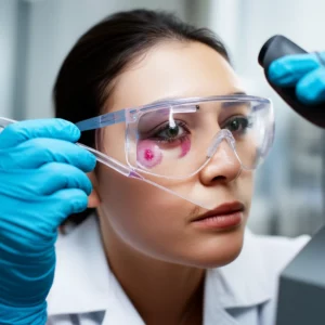 Primo piano di un patologo che esamina al microscopio un vetrino di tessuto tiroideo, obiettivo prime 35mm, profondità di campo, illuminazione da laboratorio controllata, focus sui dettagli cellulari per la diagnosi di carcinoma tiroideo.