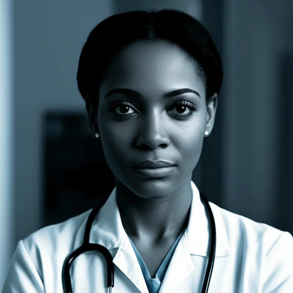 Ritratto fotografico intenso di una giovane donna nera in un ambiente ospedaliero, che guarda con determinazione. Obiettivo da ritratto 35mm, duotone blu e grigio scuro, profondità di campo, luce soffusa che evidenzia le sue emozioni. Simboleggia la lotta contro il razzismo ostetrico.