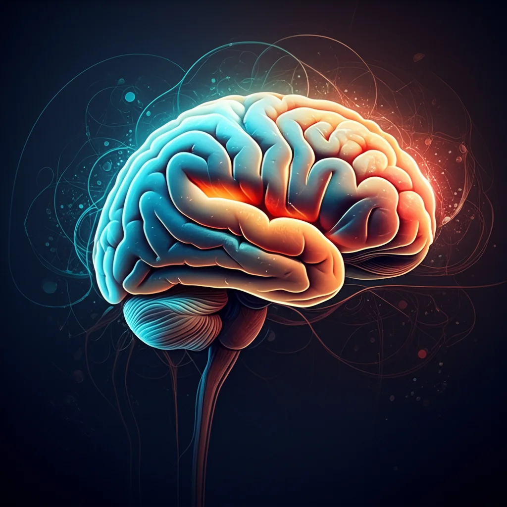 Illustrazione concettuale del cervello umano con aree evidenziate in modo luminoso che rappresentano la memoria e la cognizione, sovrapposte a uno sfondo sfocato che suggerisce confusione o difficoltà. Stile semi-realistico con elementi grafici astratti, colori caldi e freddi contrastanti.