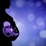Immagine concettuale artistica e fotorealistica: una silhouette di una donna incinta con al suo interno, a livello del feto, un cervello stilizzato ma dettagliato. Dal cervello si diramano connessioni neurali luminose che si collegano a piccole icone rappresentanti emozioni come paura e ansia. Lo sfondo è un duotone blu scuro e viola, con un leggero effetto bokeh. Obiettivo 50mm, profondità di campo per mettere a fuoco il cervello fetale.