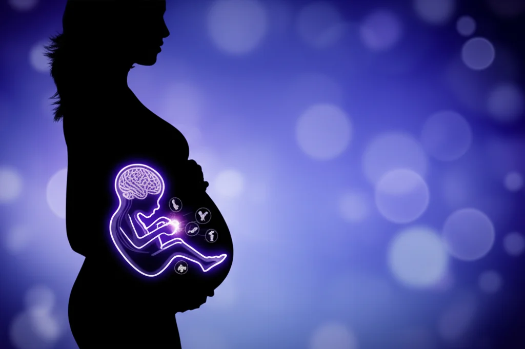 Immagine concettuale artistica e fotorealistica: una silhouette di una donna incinta con al suo interno, a livello del feto, un cervello stilizzato ma dettagliato. Dal cervello si diramano connessioni neurali luminose che si collegano a piccole icone rappresentanti emozioni come paura e ansia. Lo sfondo è un duotone blu scuro e viola, con un leggero effetto bokeh. Obiettivo 50mm, profondità di campo per mettere a fuoco il cervello fetale.