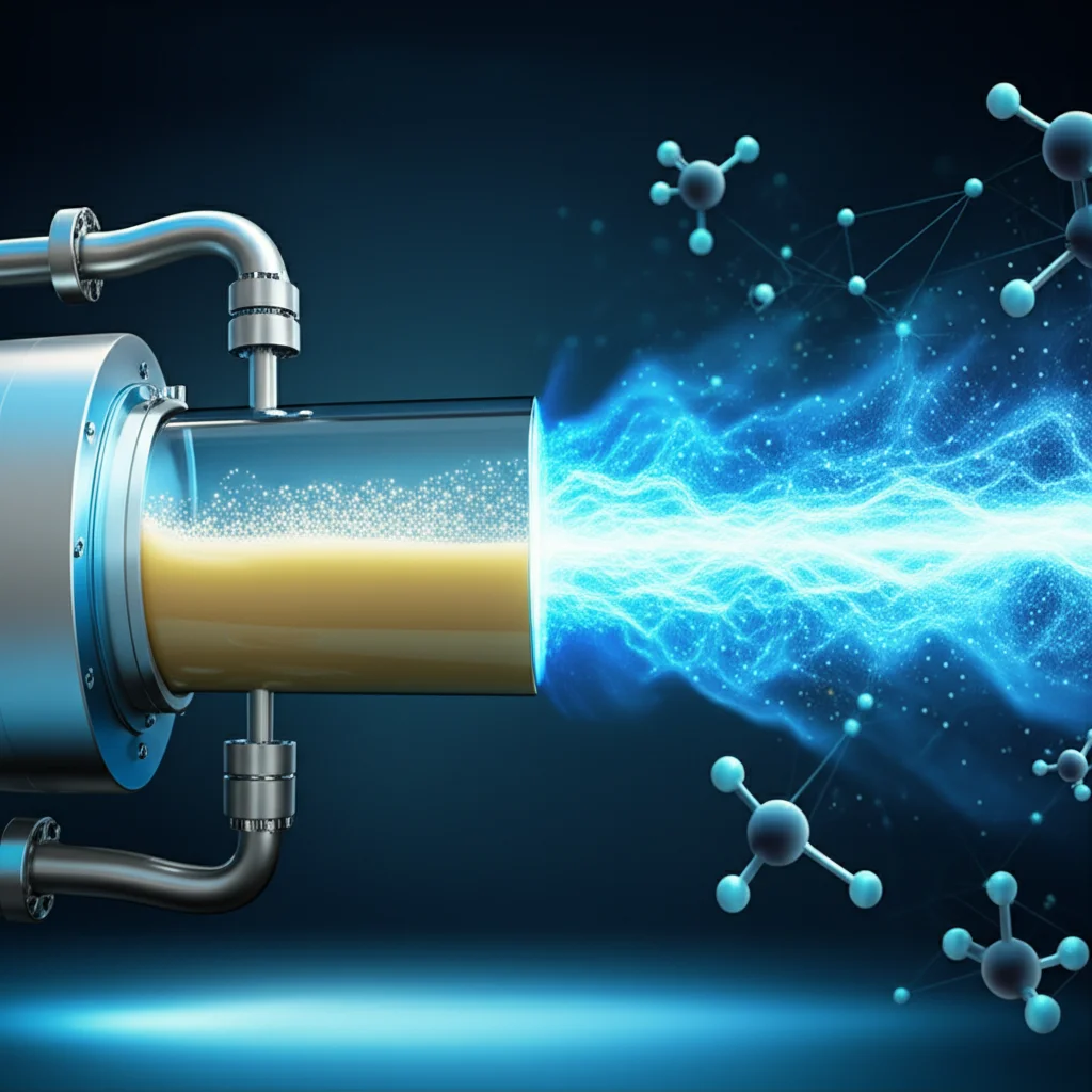 Immagine concettuale di un reattore MEC-AD stilizzato che riceve un flusso di liquido giallastro (siero di latte) da un lato e produce una fiamma bluastra (metano/energia) dall'altro, prime lens 35mm, illuminazione pulita e moderna, focus selettivo sul reattore, sfondo astratto high-tech con icone di molecole e energia verde.