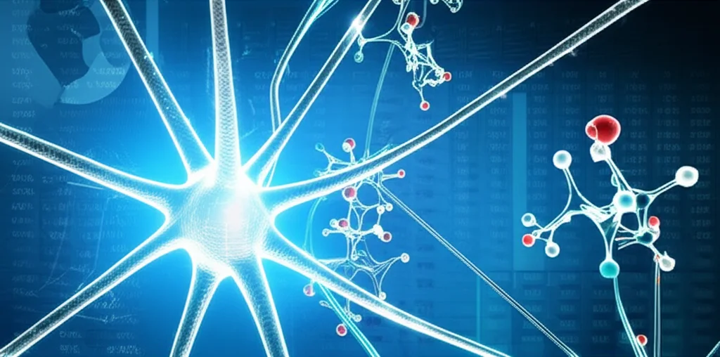 Immagine fotorealistica di un concetto astratto che rappresenta l'intelligenza artificiale applicata alla scoperta di farmaci. Mostra una rete neurale stilizzata e luminosa che si sovrappone a complesse strutture molecolari di farmaci, con un background di dati scientifici e grafici di ricerca. Obiettivo macro, 60mm, alta definizione, illuminazione controllata per evidenziare i dettagli intricati delle molecole e della rete neurale.