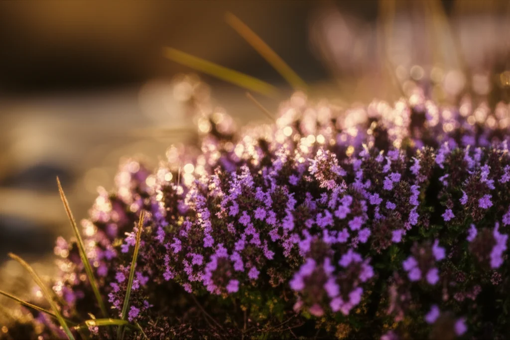 Primo piano di fiori viola di Thymus capitatus che crescono su un terreno roccioso sotto il sole del Mediterraneo, con goccioline di rugiada scintillanti. Lente macro 105mm, alta definizione, luce naturale dorata, bokeh morbido sullo sfondo.