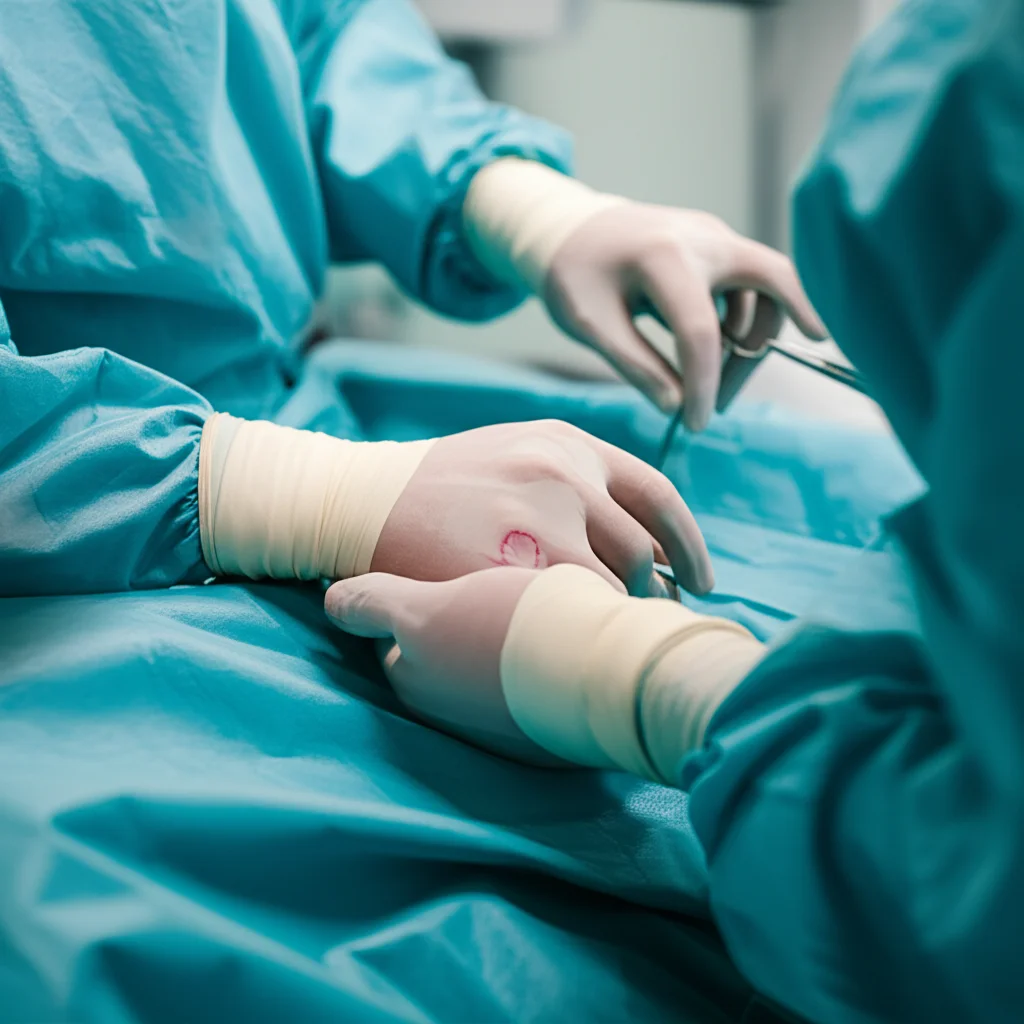 Primo piano di guanti chirurgici latex-free indossati da un infermiere strumentista in sala operatoria, con un dettaglio che suggerisce una possibile micro-perforazione. Macro lens, 100mm, high detail, controlled lighting.