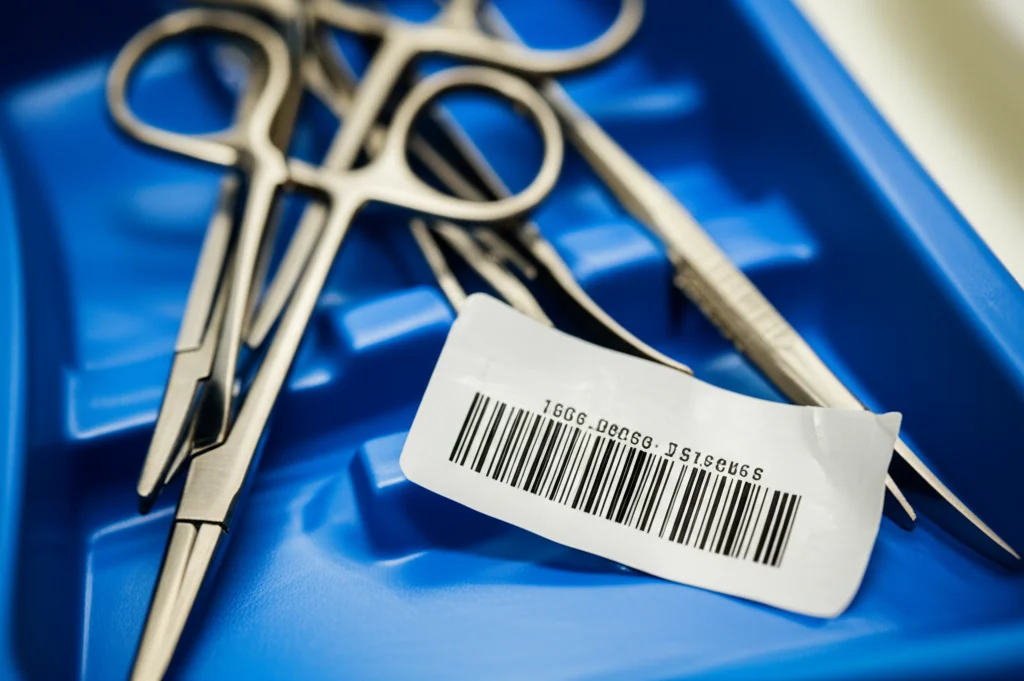 Primo piano di strumenti chirurgici in acciaio inox meticolosamente disposti su un vassoio blu sterile, con un codice a barre visibile su un pacchetto. Macro lens, 100mm, high detail, precise focusing, controlled lighting, ambiente clinico.
