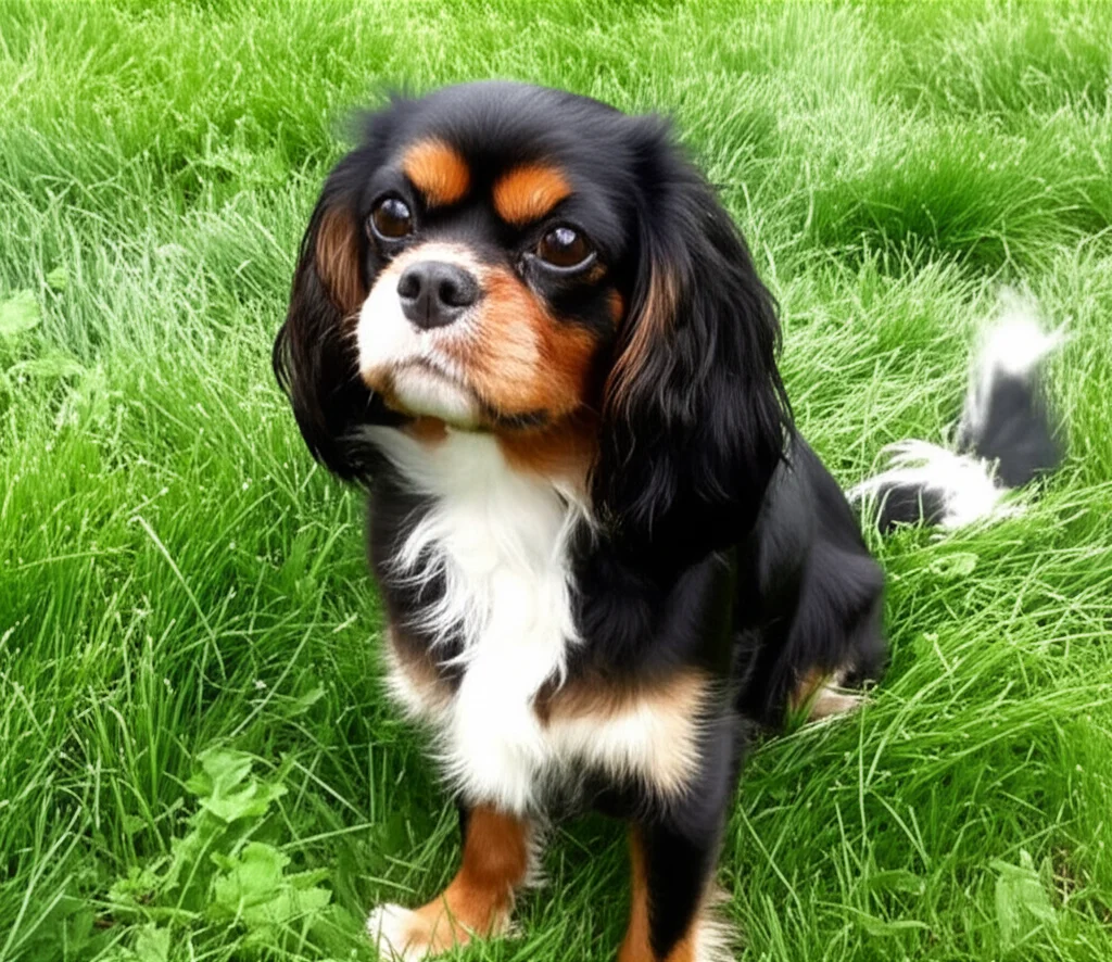 Ritratto fotografico di un Cavalier King Charles Spaniel tricolore seduto sull'erba, obiettivo 50mm prime, profondità di campo ridotta che sfoca lo sfondo verde, luce naturale morbida, espressione dolce e leggermente interrogativa del cane.