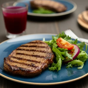 Still life, 100mm Macro lens, high detail, precise focusing, controlled lighting of a plate with grilled meat, a vibrant salad, and a glass of antioxidant-rich beverage.