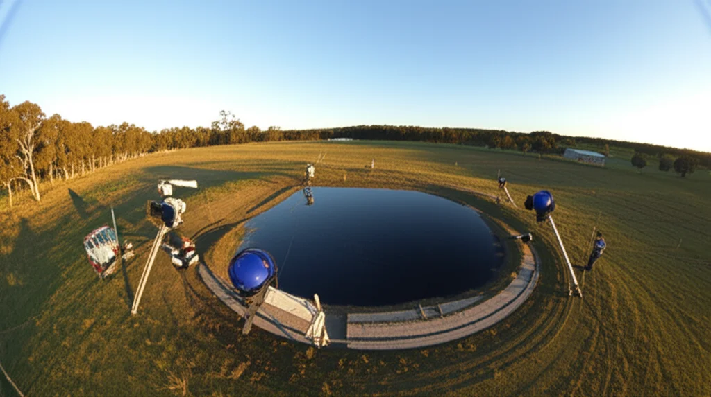 Un paesaggio agricolo temperato del sud-est dell'Australia con uno stagno agricolo al centro. Attorno allo stagno, diversi tipi di attrezzature per il monitoraggio della biodiversità (un registratore acustico, una fototrappola, un kit per campionamento eDNA). Obiettivo grandangolare, 15mm, luce del tardo pomeriggio dorata, messa a fuoco nitida su tutto il paesaggio, per trasmettere la complessità e la tecnologia del monitoraggio.