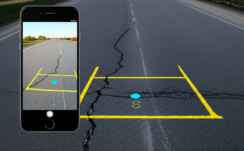 Un'immagine composita che mostra uno smartphone con un'app di rilevamento stradale in primo piano, e sullo sfondo una strada con una crepa evidenziata digitalmente. Obiettivo 35mm, colori vivaci, profondità di campo, simboleggia l'innovazione tecnologica nella manutenzione stradale.