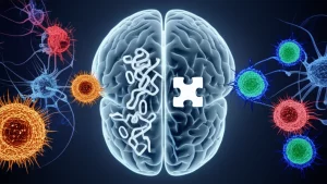 Un'immagine concettuale astratta che rappresenta il cervello umano con connessioni neurali luminose e brillanti. Al centro, una rappresentazione stilizzata della proteina ERRα che viene 'disattivata' o 'rimossa', simboleggiata da un interruttore spento o da un pezzo di puzzle mancante. Intorno, cellule microgliali che visibilmente passano da uno stato infiammatorio (rappresentato con colori caldi come rosso e arancione e forme aggressive) a uno stato protettivo e anti-infiammatorio (rappresentato con colori freddi come blu e verde e forme più calme e arrotondate), con un effetto di guarigione e rigenerazione visibile nel tessuto cerebrale circostante. Effetto profondità di campo per focalizzare l'attenzione sulla trasformazione delle microglia, obiettivo prime 24mm, con toni duotone blu e grigio per un aspetto scientifico moderno ma al contempo accattivante e positivo.