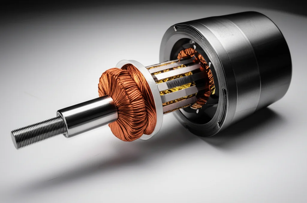 Vista esplosa di un motore elettrico ad alte prestazioni, con lo statore e il rotore separati per mostrare gli avvolgimenti concentrati e i magneti permanenti. Obiettivo prime, 35mm, con profondità di campo ridotta per focalizzare l'attenzione sui dettagli innovativi degli avvolgimenti statorici non convenzionali, illuminazione drammatica stile film noir per enfatizzare la tecnologia avanzata.